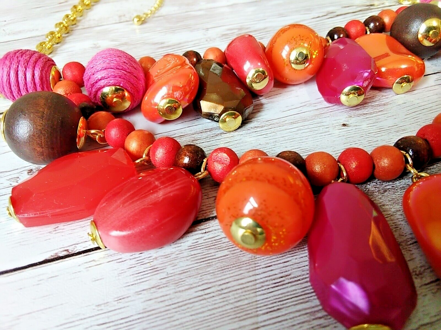 Red, Orange, Pink, and Brown Baubles Fabric and Wood Summer Necklace
