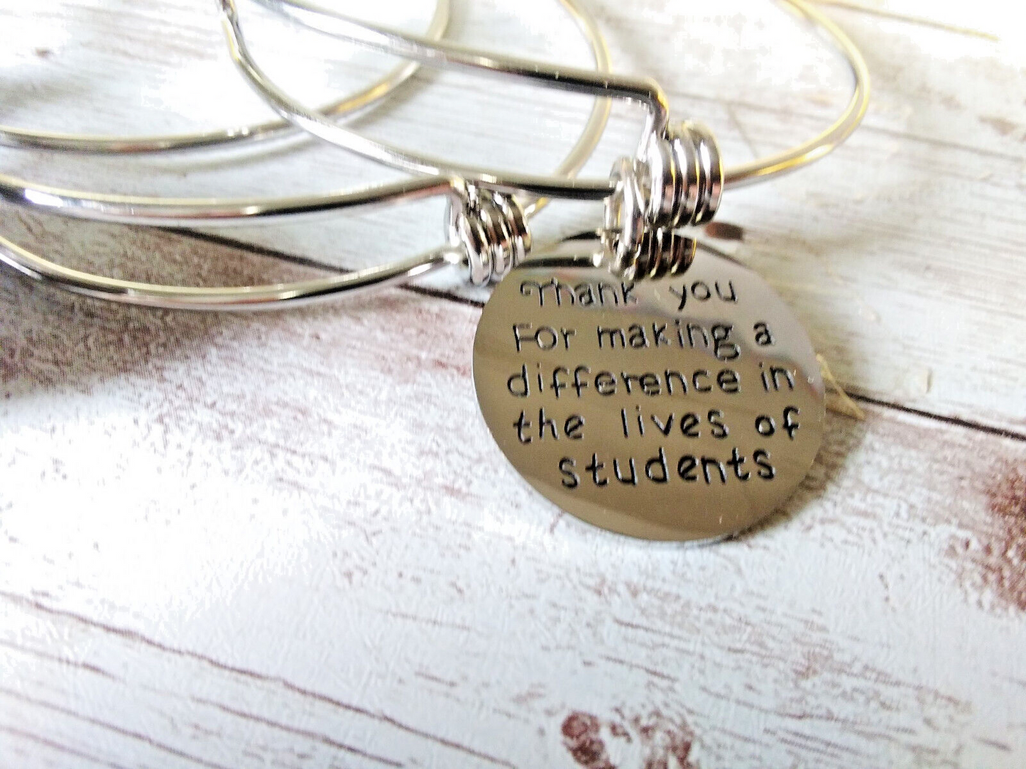 Adjustable charm bracelet for teachers with engraved sentiment