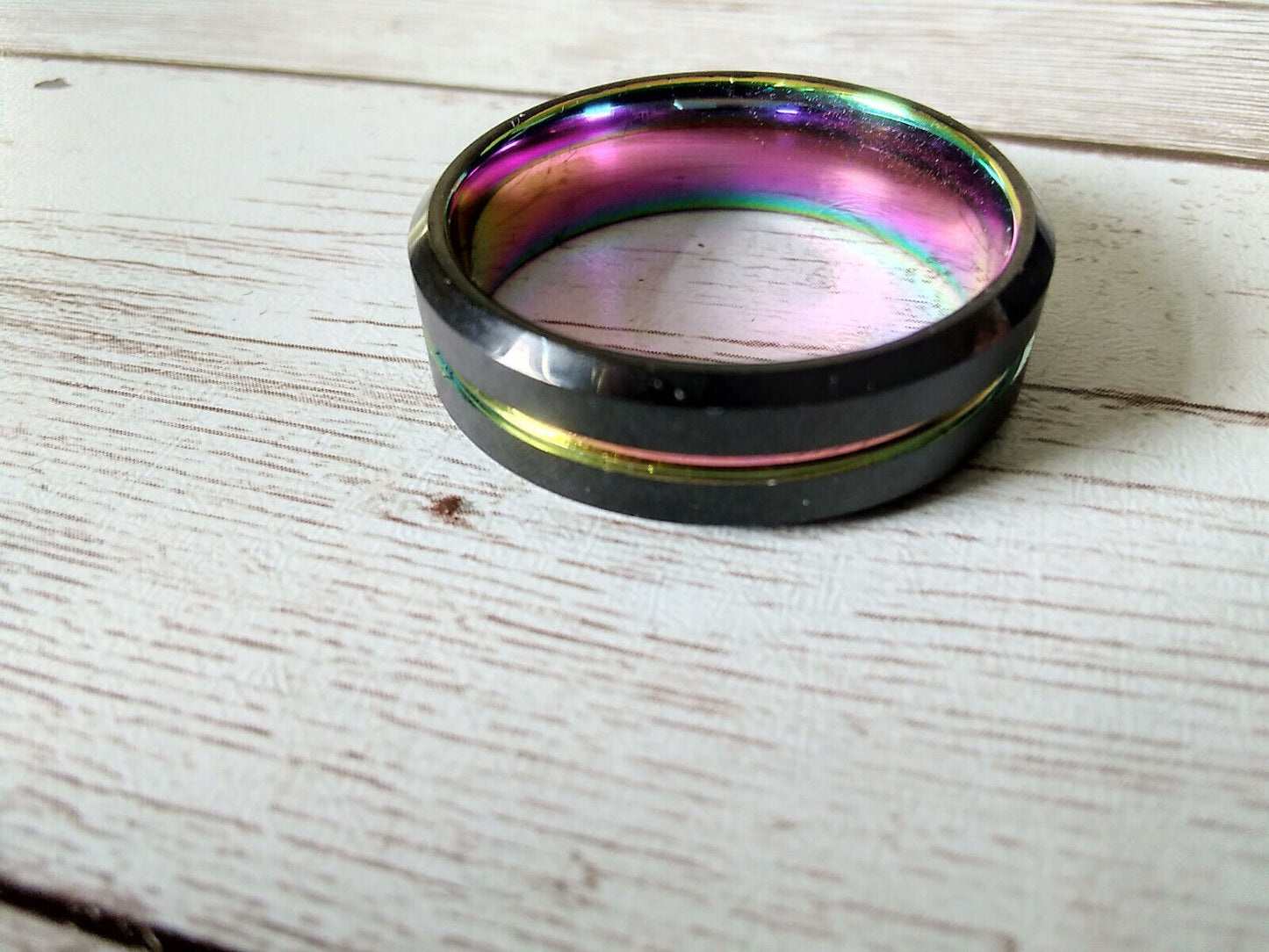 Sleek Size 15 Multicolor Grooved Black Beveled Tungsten Carbide Ring: 8mm Band