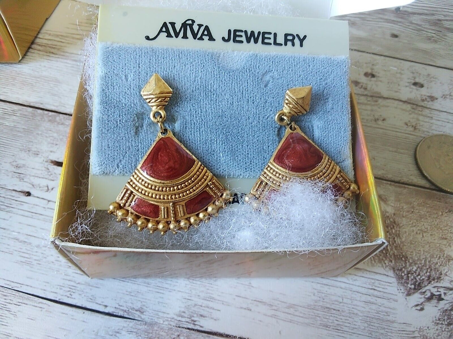 Retro Radiance: Gold and Orange Fan 1980s Painted Enamel Dangle Earrings