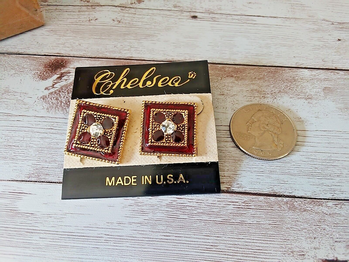 Opulent Retro Chic: Dark Red and Gold Tone Square Authentic 1980s Earrings