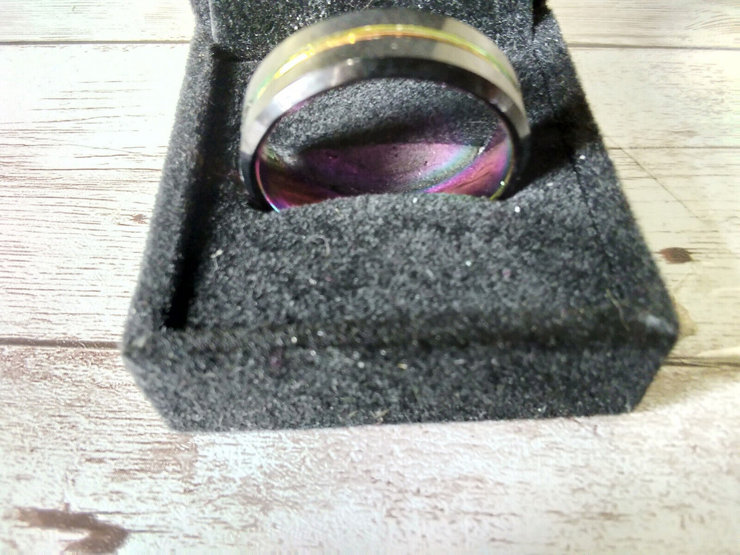 Sleek Size 15 Multicolor Grooved Black Beveled Tungsten Carbide Ring: 8mm Band