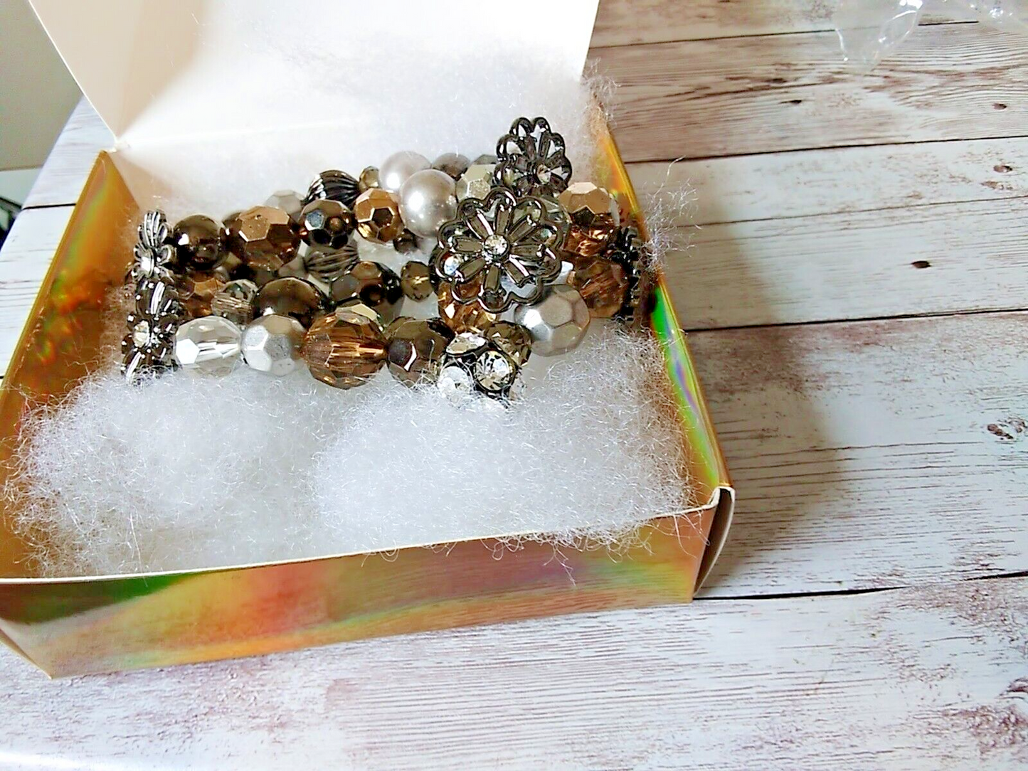 Silver, gray, and champagne beaded flower bracelet set