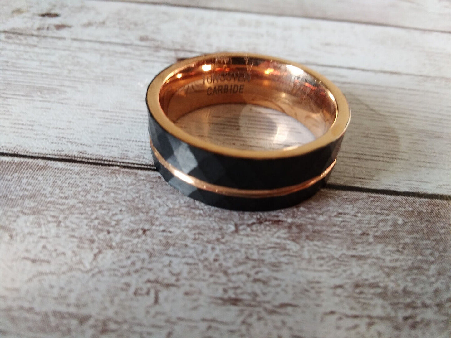 Modern Black & Rose Gold Diamond Imprint Tungsten Ring: Size 11, 8mm