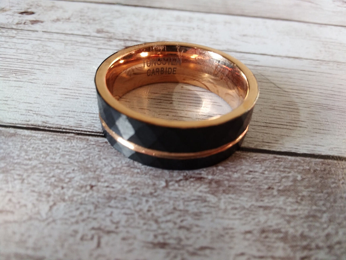 Modern Black & Rose Gold Diamond Imprint Tungsten Ring: Size 11, 8mm