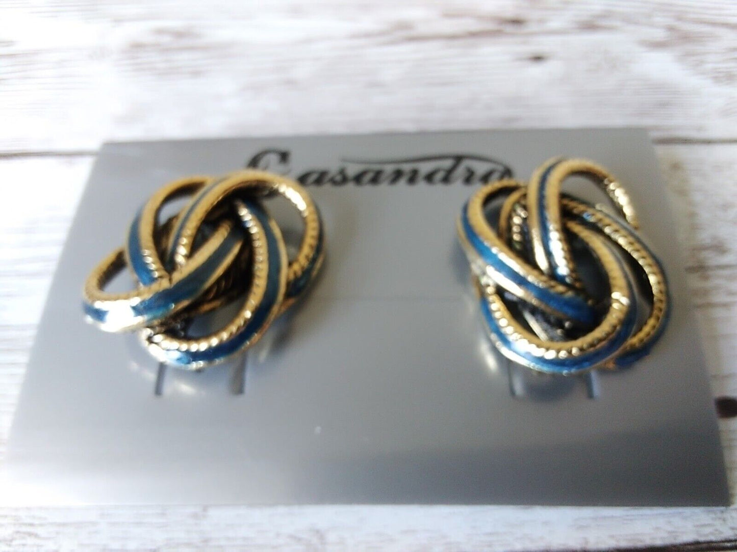 Navy Nights: Vintage Knot-Shaped 1980s Gold Tone and Navy Blue Earrings