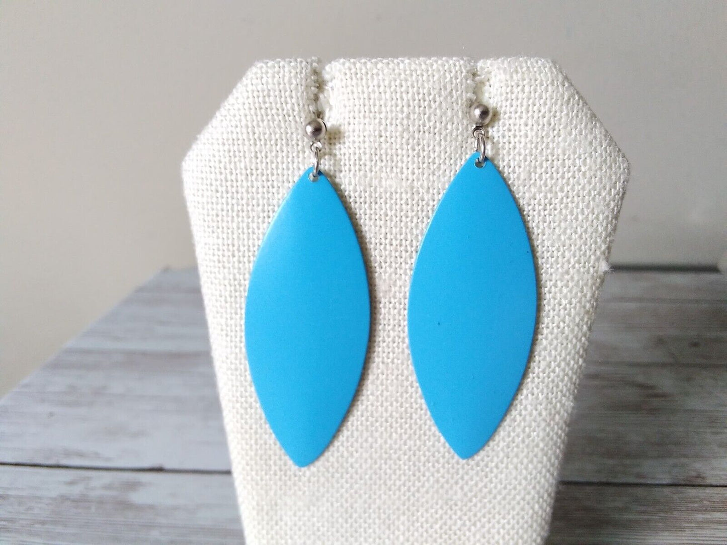Baby blue vintage leaf earrings, 1.5 inches long