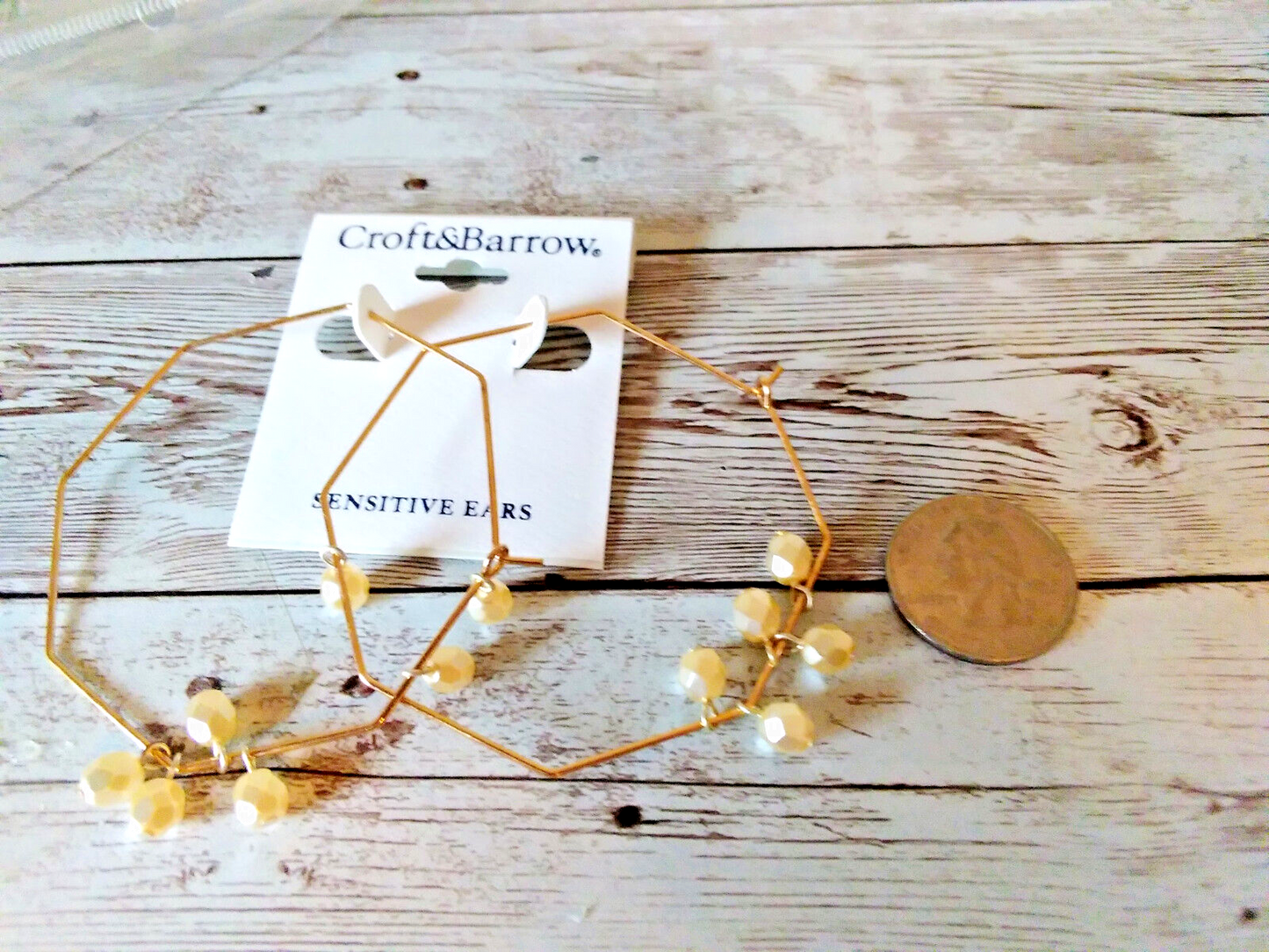 XL Octagon Gold Tone Hoop Earrings: Beaded Glamour, Statement Style"