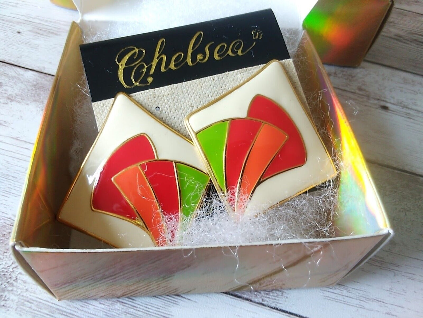 Retro Art Deco Glamour: Orange Red Off-White 1980s Cloisonne Earrings