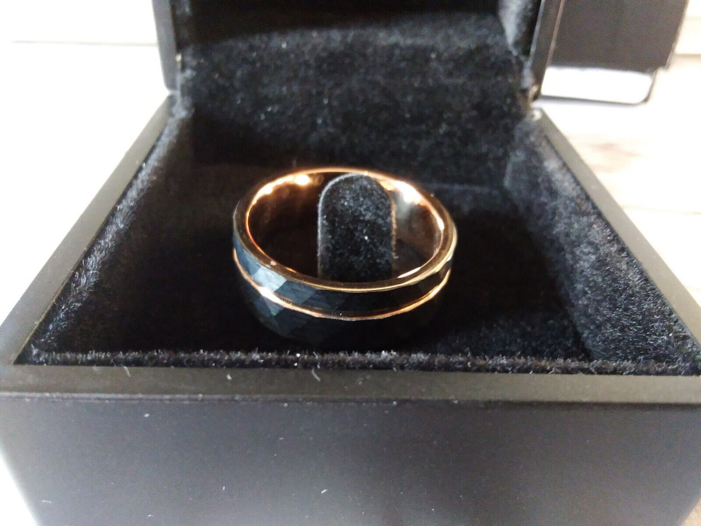 Modern Black & Rose Gold Diamond Imprint Tungsten Ring: Size 11, 8mm