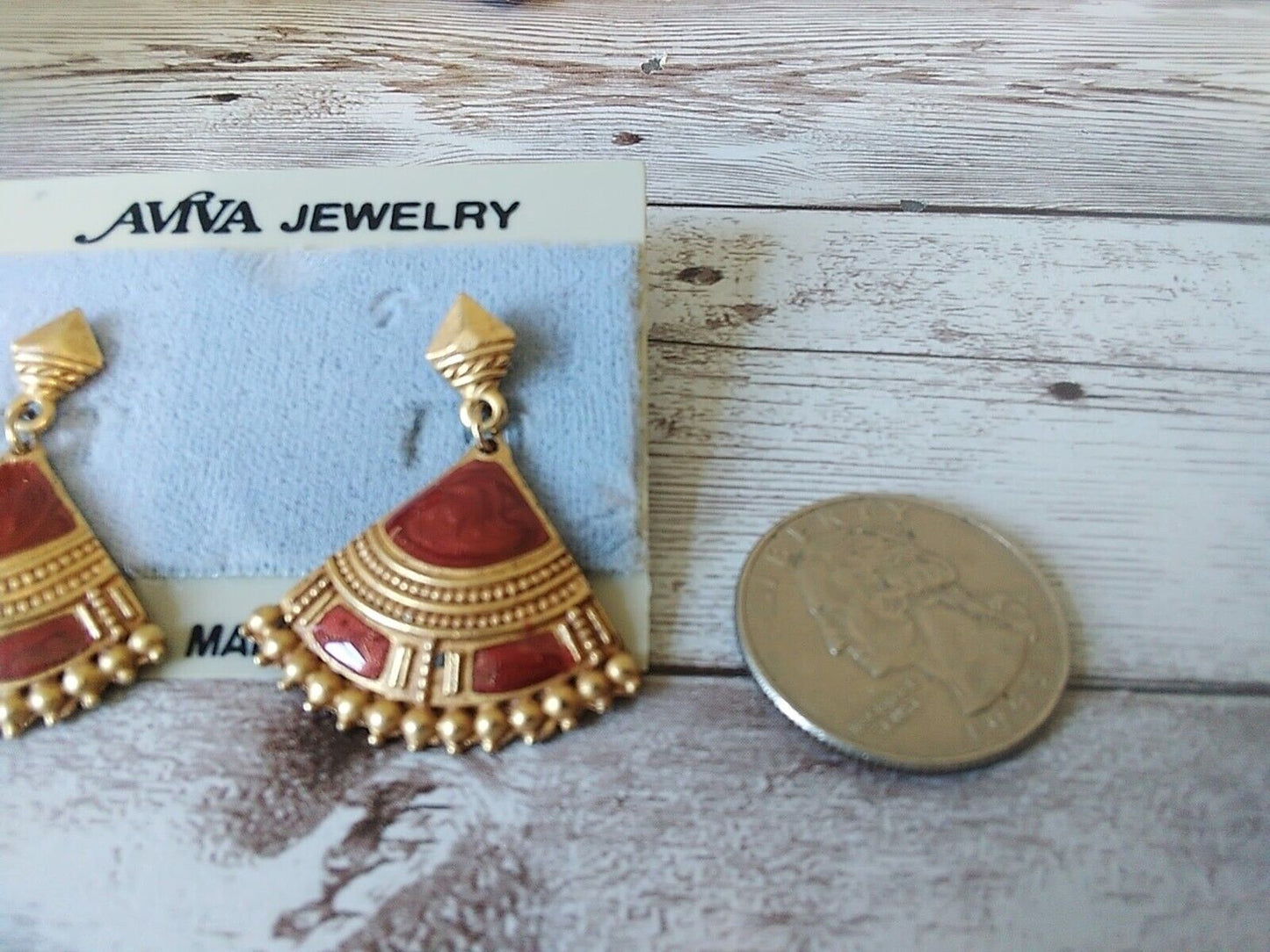 Retro Radiance: Gold and Orange Fan 1980s Painted Enamel Dangle Earrings