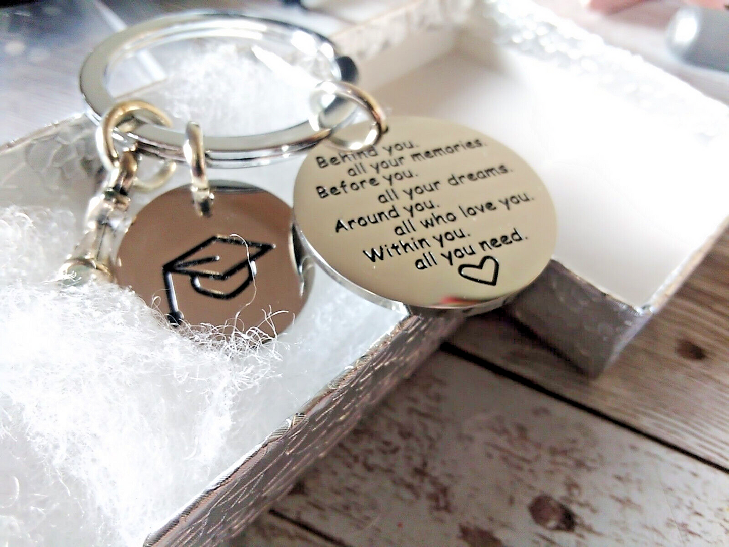 Behind You All Your Memories key ring displayed on a gift box