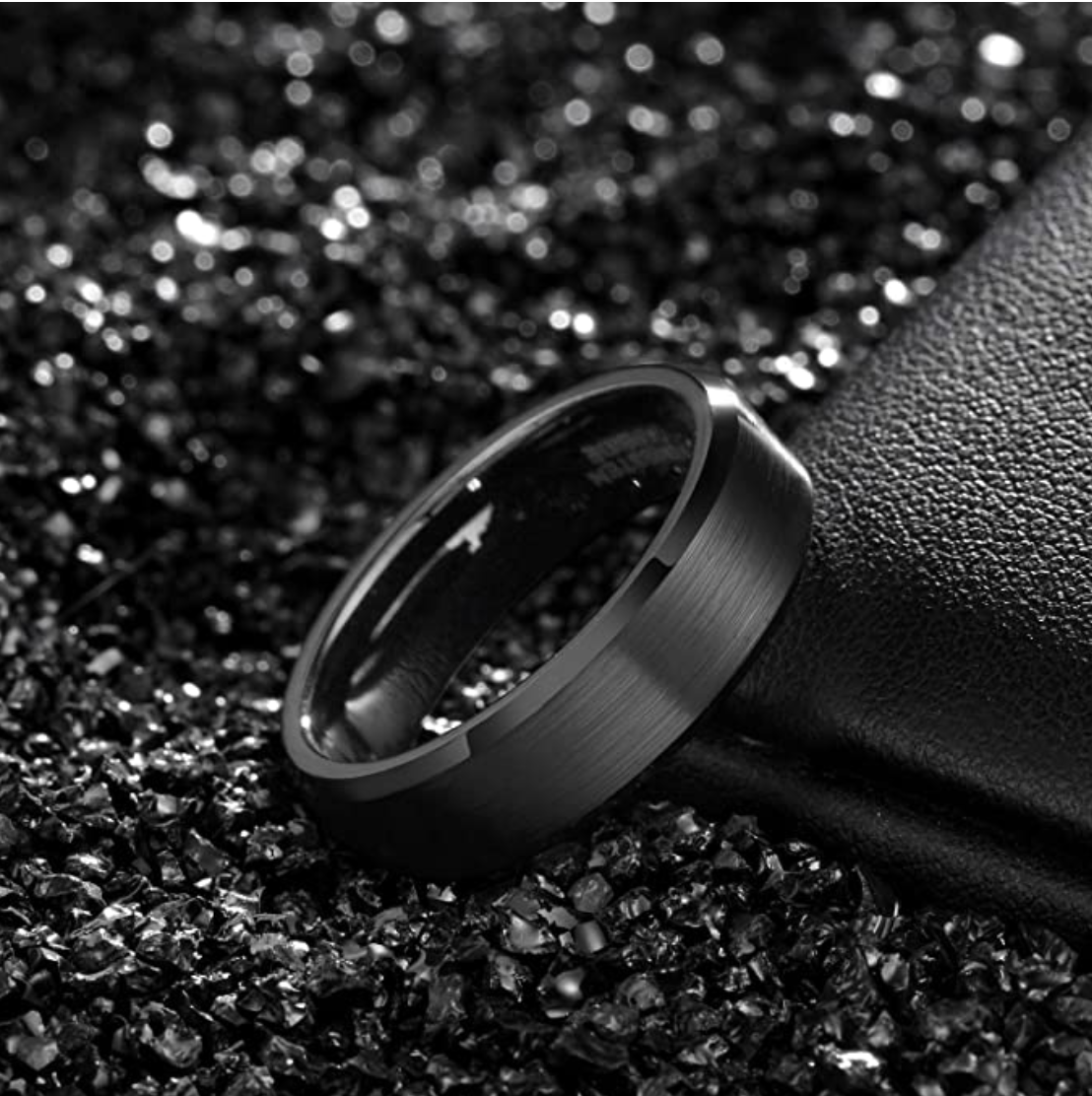 Modern Onyx Tungsten Ring: 6mm Brushed Bevel Edge, Comfort Fit, Size 11.5
