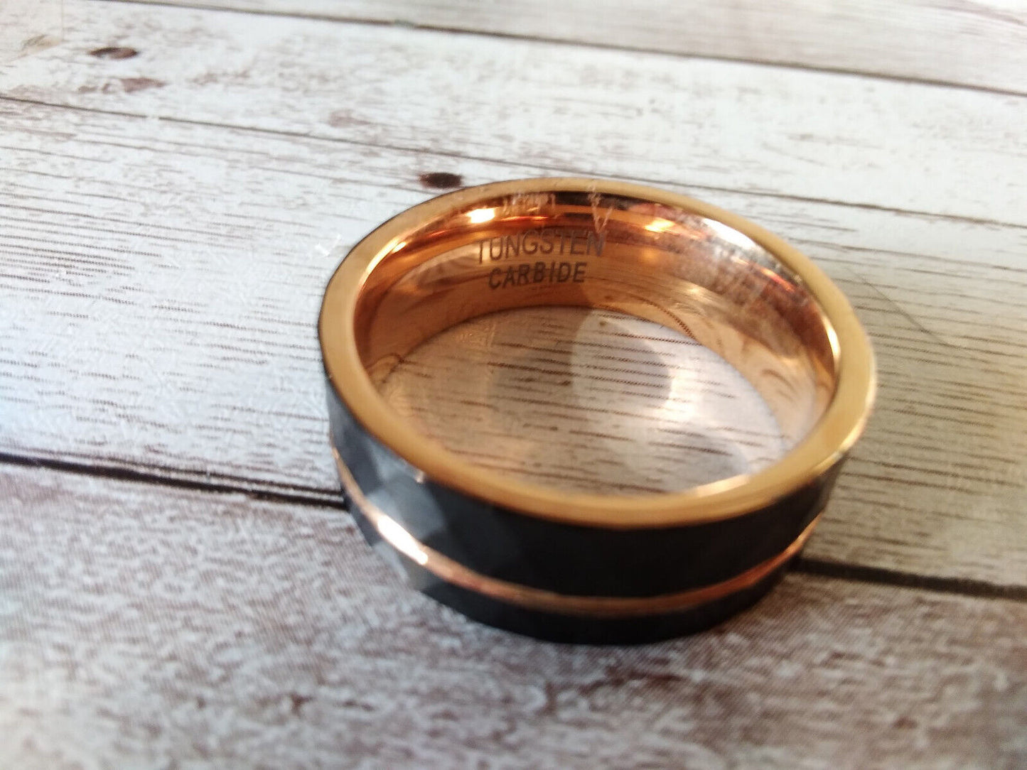 Modern Black & Rose Gold Diamond Imprint Tungsten Ring: Size 11, 8mm
