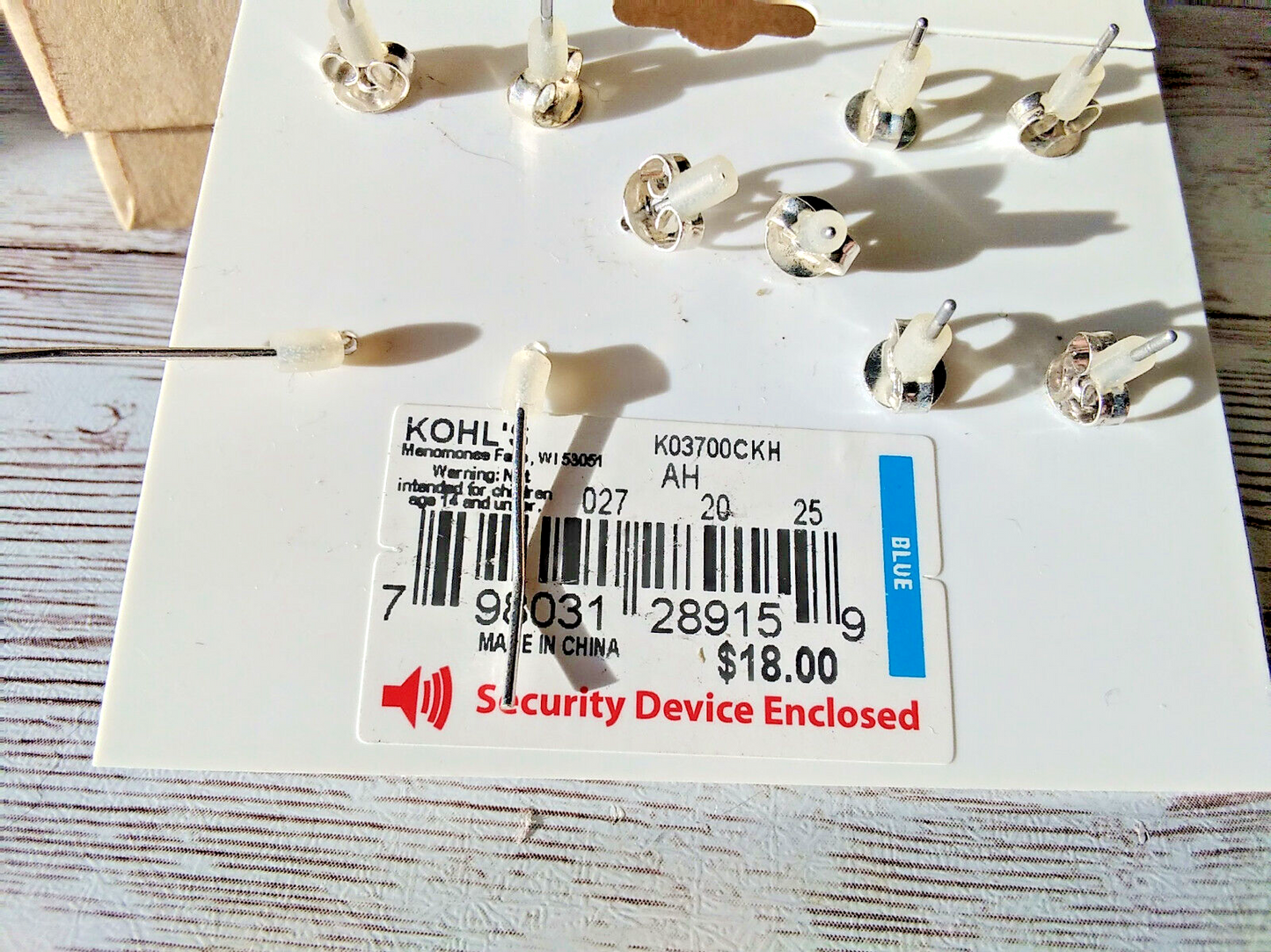 Back side of earring card from Kohls