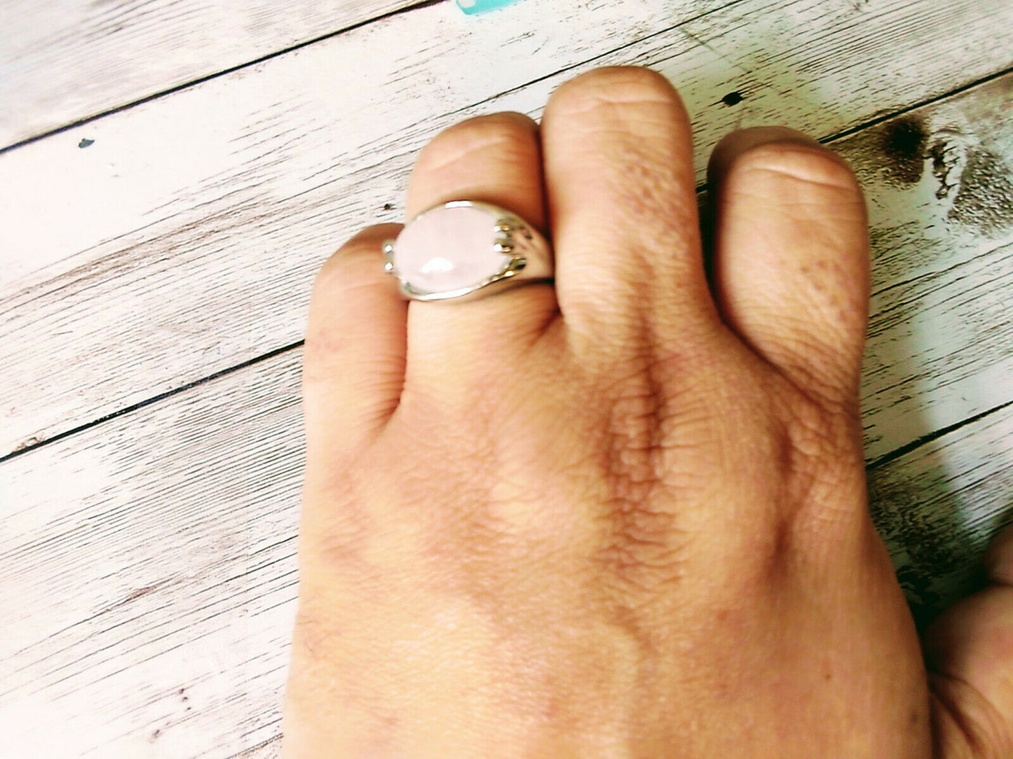 Serene Silver-Plated Rose Quartz Stone Ring: Size 8, Tranquil Beauty