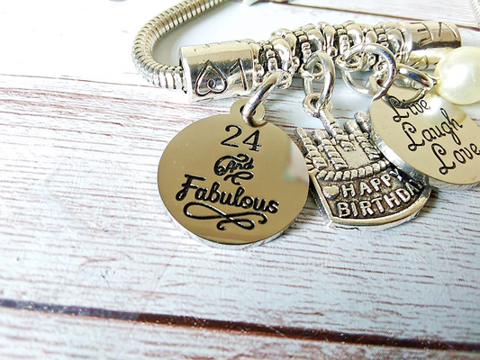 Adjustable stainless steel bracelet with birthday cake charm