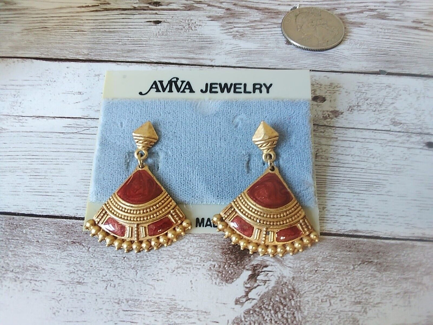 Retro Radiance: Gold and Orange Fan 1980s Painted Enamel Dangle Earrings