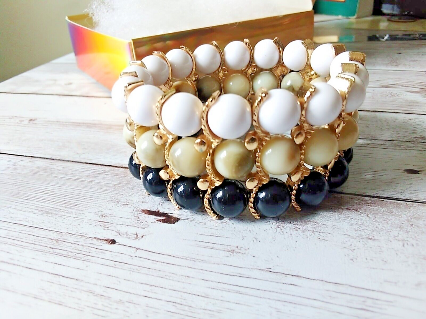 Sophisticated Tan, Black, White, and Gold Beaded Bracelet