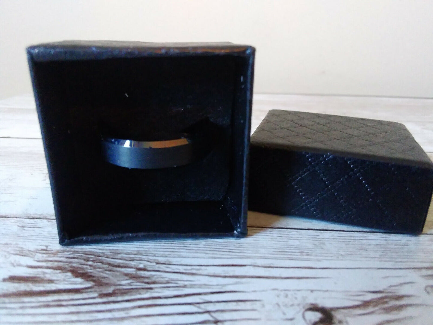 Modern Onyx Tungsten Ring: 6mm Brushed Bevel Edge, Comfort Fit, Size 11.5