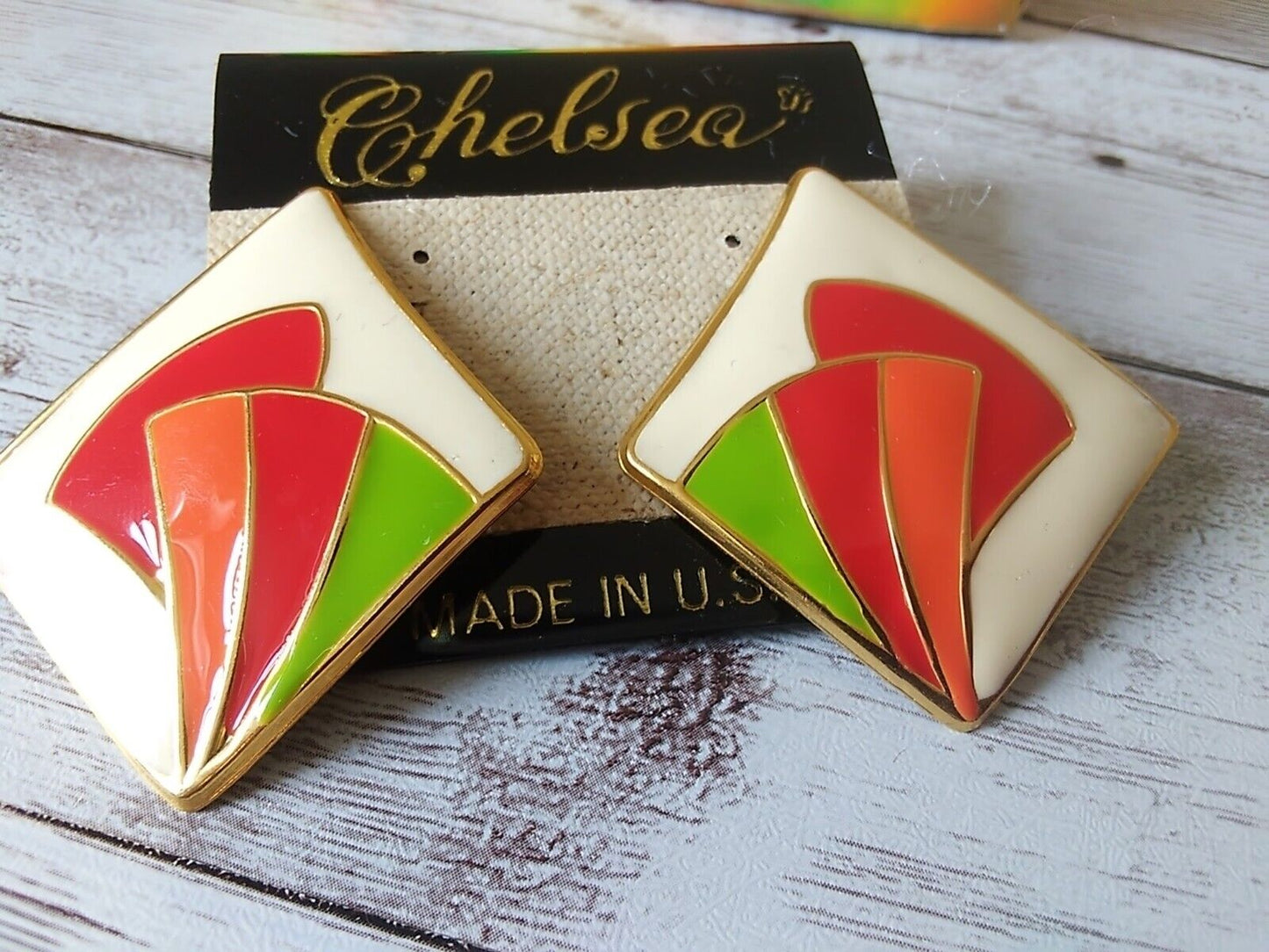Retro Art Deco Glamour: Orange Red Off-White 1980s Cloisonne Earrings