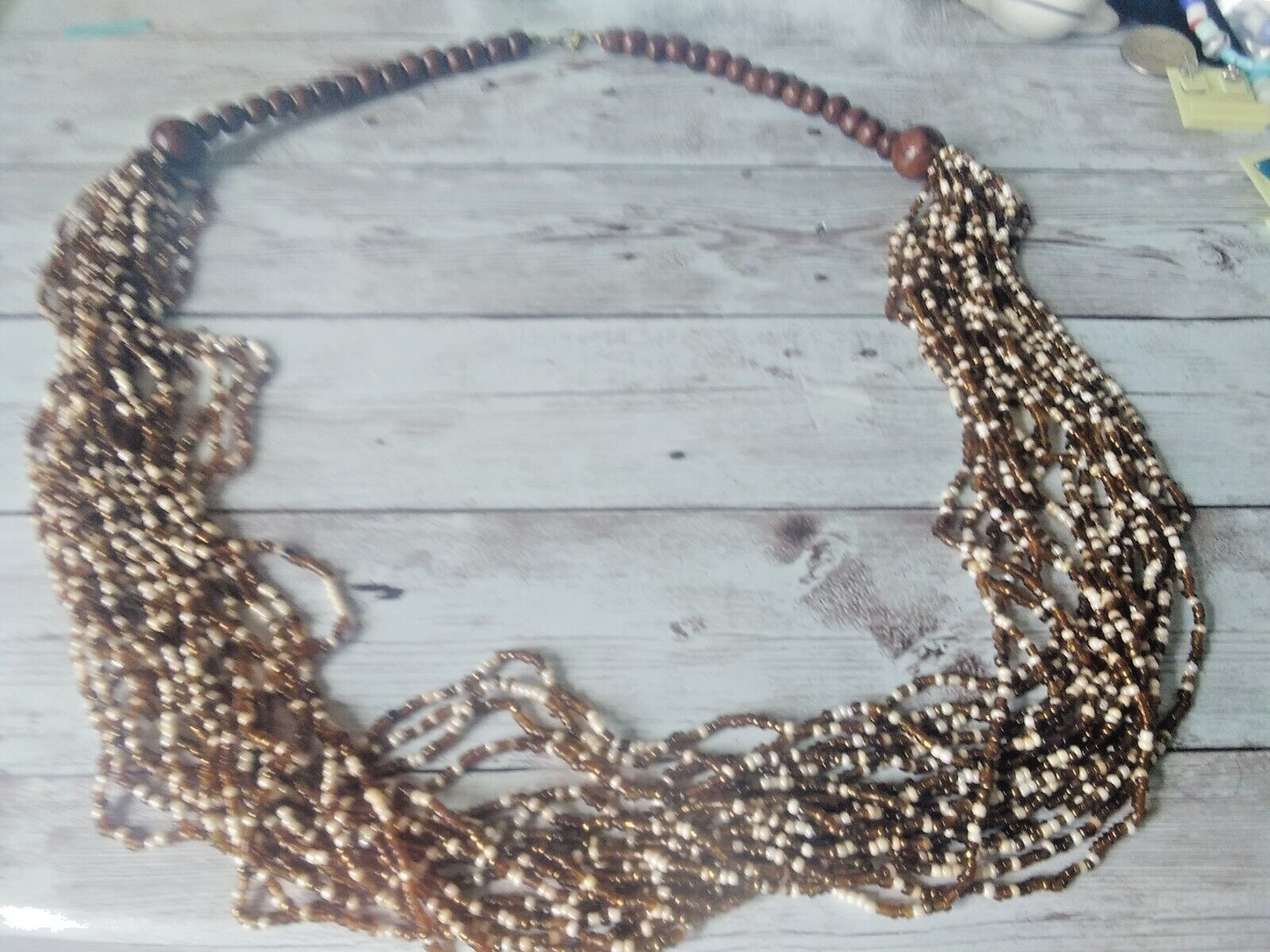Rustic Reverie: Multistrand Wood and Seed Bead Necklace