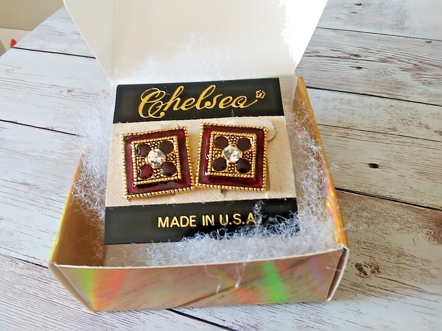 Opulent Retro Chic: Dark Red and Gold Tone Square Authentic 1980s Earrings