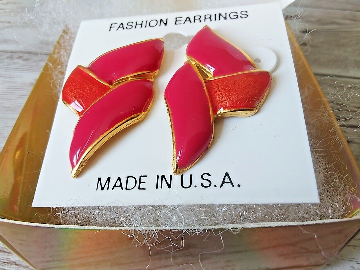 Sizzling 80s Revival: Hot Pink Ribbon Design 1980s Earrings with Orange Accents