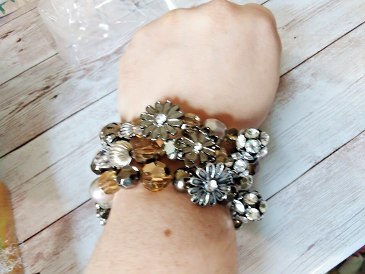 Silver, gray, and champagne beaded flower bracelet set