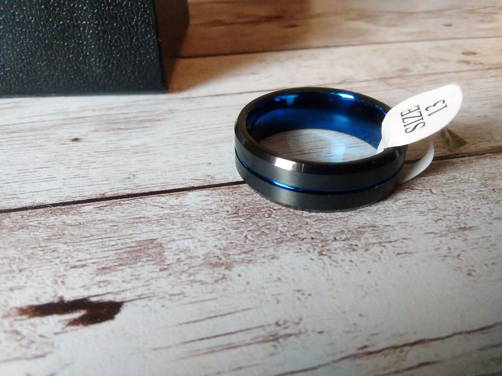 Black and Electric Blue Tungsten Carbide Ring Close-Up