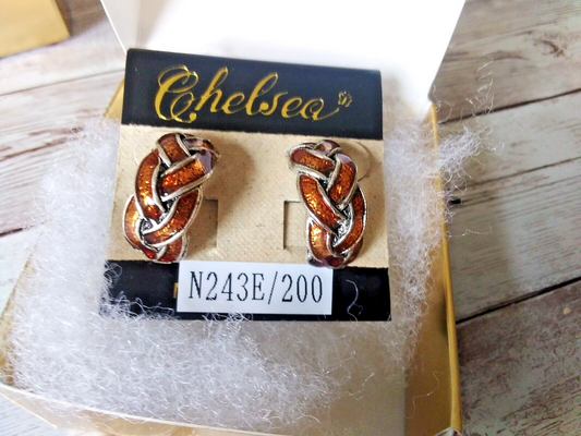 1980s orange enamel half-hoop earrings in gold gift box