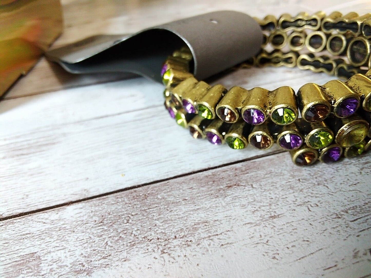 Antique style bracelet with sparkling rhinestones from a side angle