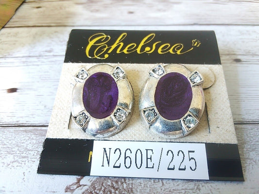 Flashback Fashion 1980s Purple Oval Rhinestone Earrings close-up