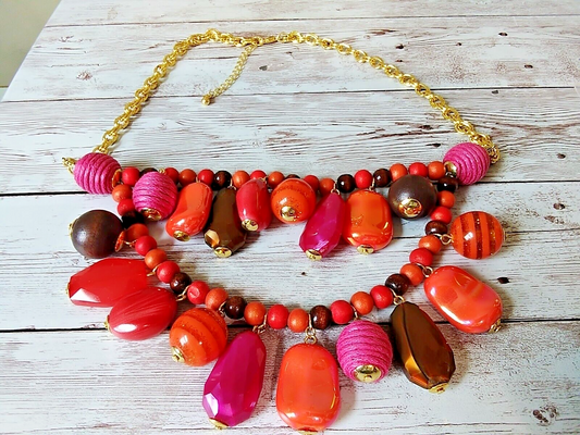 Red, Orange, Pink, and Brown Baubles Fabric and Wood Summer Necklace