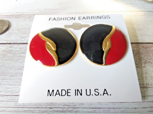 Retro Chic Circle: Authentic Vintage 1980s Black Red Gold Plated Deco Earrings