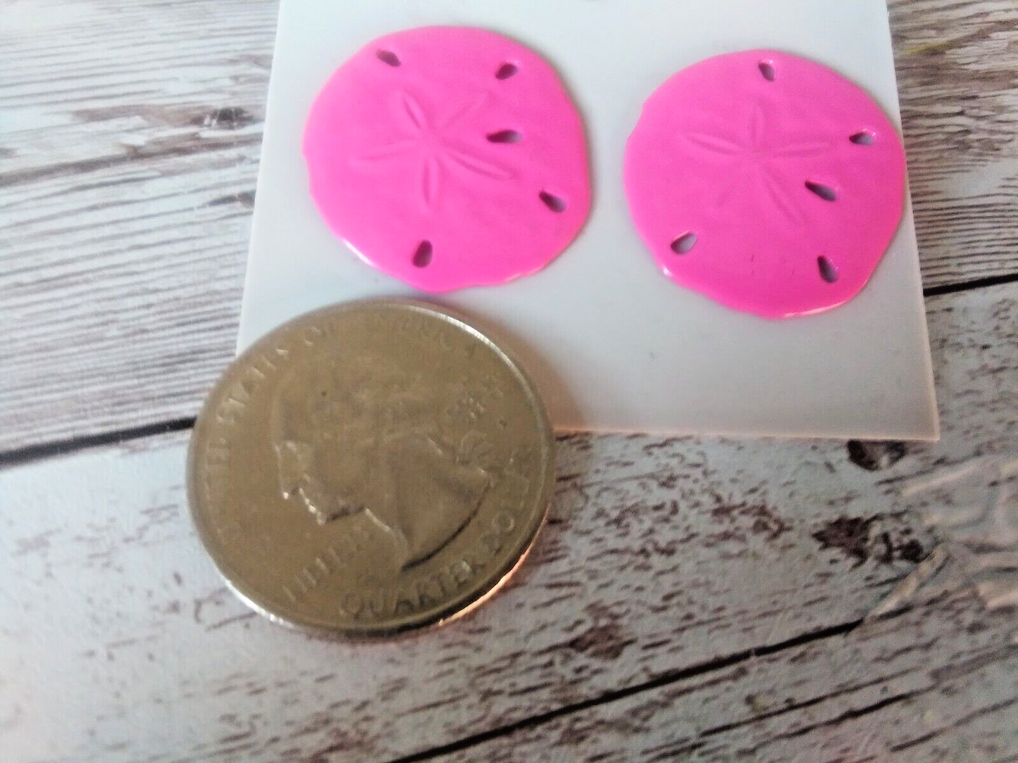 Hot Pink Sand Dollar Earrings Sized Against a Quarter for Scale