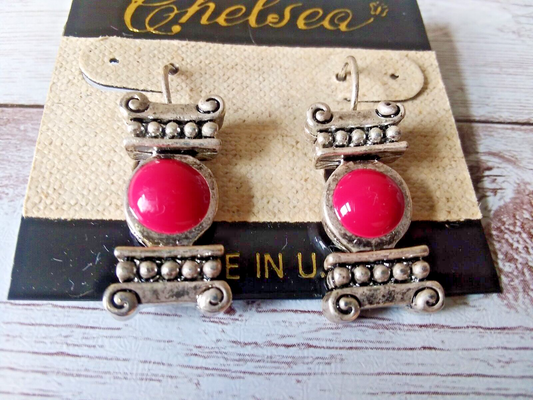 Architectural Charm: Vintage 1980s Silver-plated Hot Pink Column Earrings