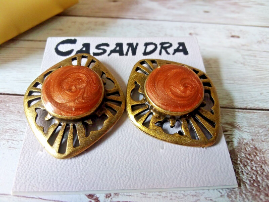 Rustic Elegance: Authentic 1980s Vintage Antique Gold Gone Enamel Earrings
