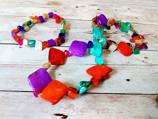 Tropical Delight: Trio Set of Stretch Magenta, Orange, Blue Beach Bracelets