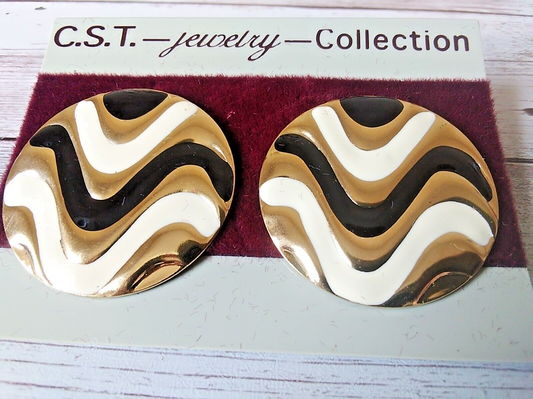 Vintage Chic: Authentic Vintage 1980s Gold Black and White Circle Earrings
