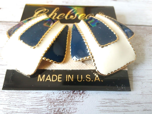 Nautical Chic: Large Art Deco Navy and Ivory Enamel Earrings from the 80s