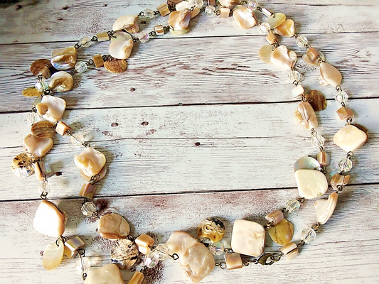 Boho Chic 48-Inch Natural Neutral Hues Beaded Shell Necklace