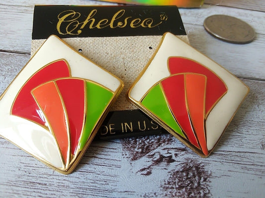 Retro Art Deco Glamour: Orange Red Off-White 1980s Cloisonne Earrings