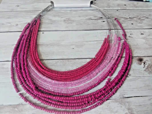 Vibrant Pink Tri-Tone Seed Bead Wire Necklace for a Bold Statement