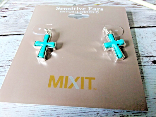 Front view of Hypoallergenic Silver Tone and Turquoise Cross Earrings