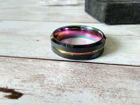 Sleek Size 15 Multicolor Grooved Black Beveled Tungsten Carbide Ring: 8mm Band