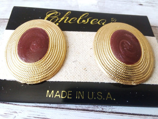 Office Glamour: Retro 1980s Gold Tone Burgundy Enamel Earrings