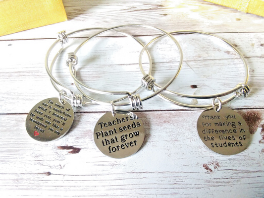Set of 3 teacher appreciation charm bracelets with engraved messages