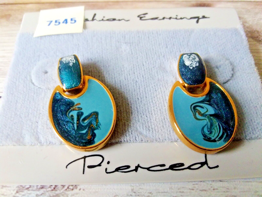 Artistic Opulence: Painted 80's Blue Gold Plated Drop Earrings