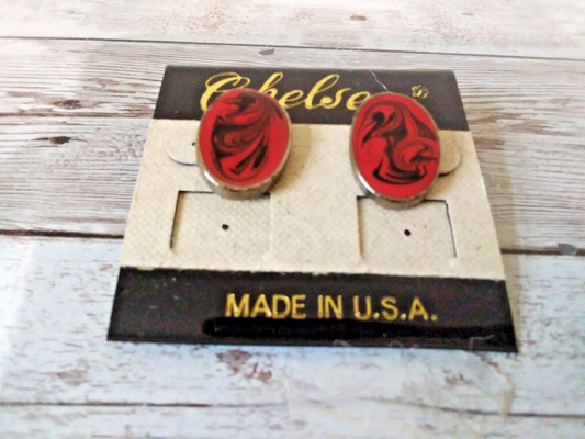 Bold Swirl Delight: Vintage 1980s Red and Black Swirl Gold Plated Earrings
